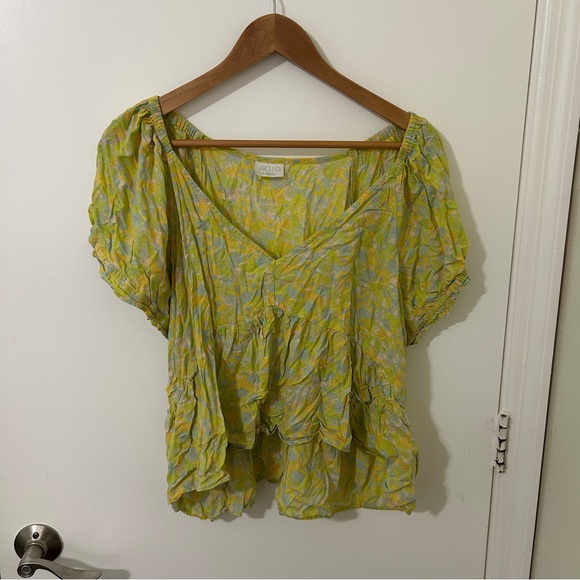 Abound Tops - Abound Yellow Green Floral Puff Sleeve Ruffle Hi-Low V-neck Blouse Top